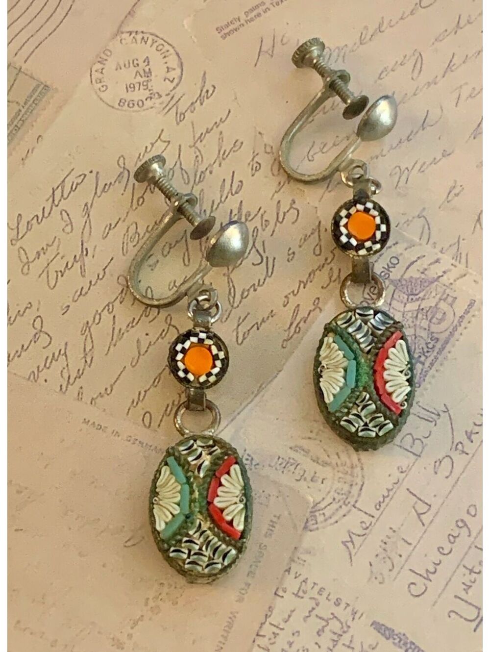 Stamped Vintage Micro Mosaic Enamel Screw-Back Dangle Earrings Made In Italy